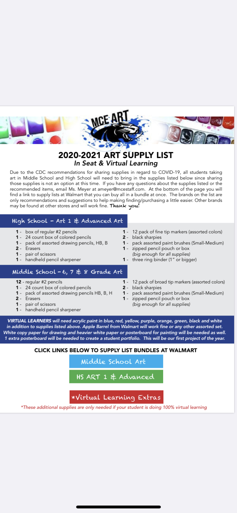 MS/HS Art Supply List 2020-21